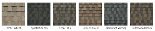 Sample of GAF Timberline American Harvest asphalt shingle colors.