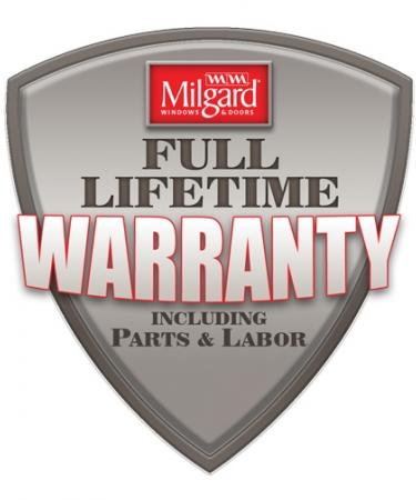 Large silver shield with Milgard Icon and "Full Lifetime Warranty" emblazoned across front.