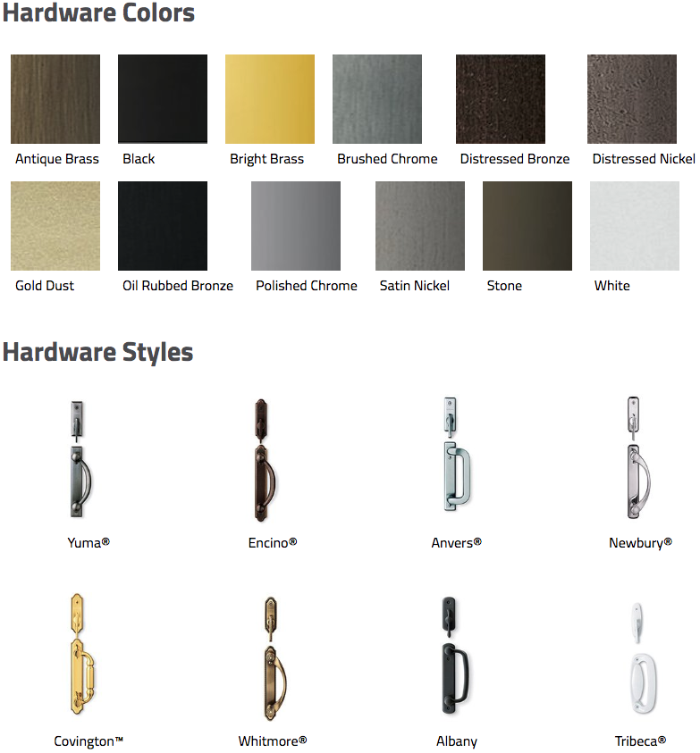 Andersen 200 series and 400 series gliding door hardware finishes and styles.