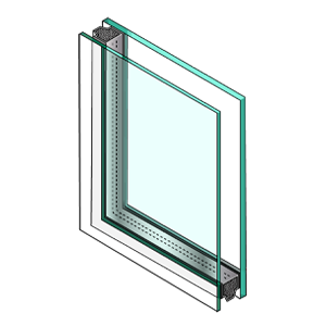 Illustration of corner cut of glass unit with dissimilar glass. First pane is thin, second pane is thick.