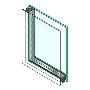 illustrated corner cut of window with laminated glass. The first pane is thin, the second pane is thick with line divider representing laminated layer