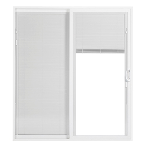 Photo of sliding patio door with white built in blinds
